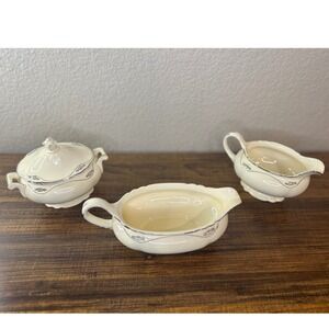 Homer Laughlin Virginia Rose Cream Gravy Boat and Covered Dish Set Silver Trim